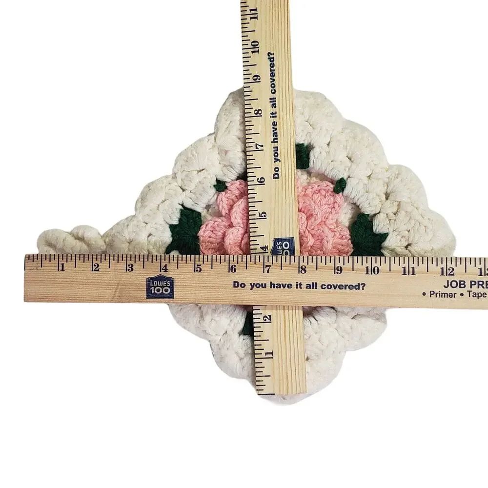 VTG Handmade Crochet 3D Pink Flower Pot holder Trivet Hot Pad Kitchen Decor